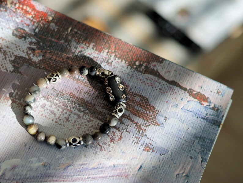 Natural Flower Amazonite Beads beaded bracelet Round, 8mm. Combined with Indonesia Beads, with Iron Core, Column, Black