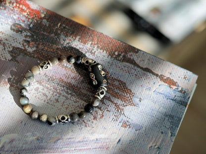 Natural Flower Amazonite Beads beaded bracelet Round, 8mm. Combined with Indonesia Beads, with Iron Core, Column, Black