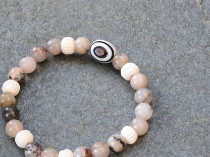 Natural Rhodonite Beaded bracelet, Round 8mm combined with Black and white glass bead and Round/Melon bone beads.