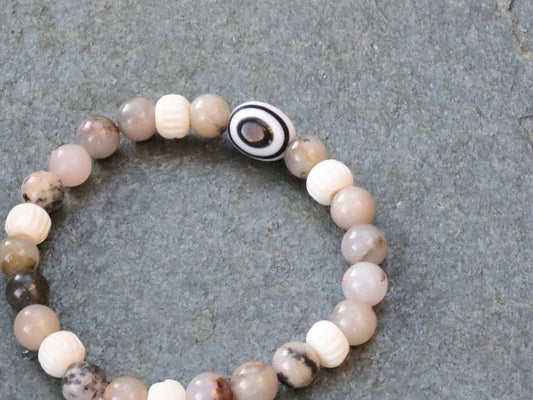 Natural Rhodonite Beaded bracelet, Round 8mm combined with Black and white glass bead and Round/Melon bone beads.