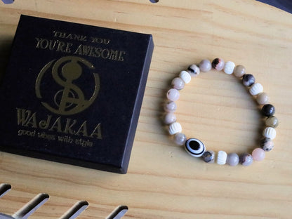 Natural Rhodonite Beaded bracelet, Round 8mm combined with Black and white glass bead and Round/Melon bone beads.
