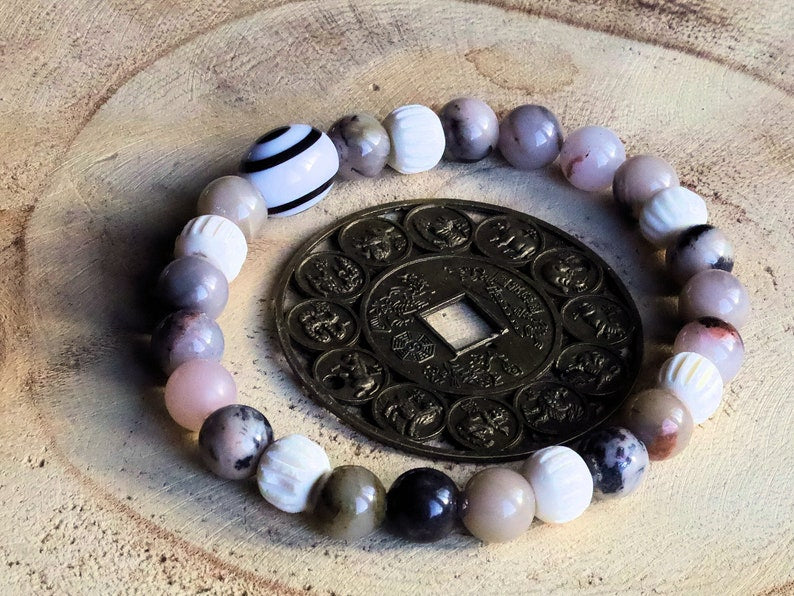 Natural Rhodonite Beaded bracelet, Round 8mm combined with Black and white glass bead and Round/Melon bone beads.