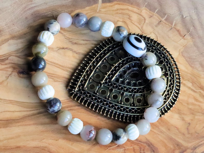Natural Rhodonite Beaded bracelet, Round 8mm combined with Black and white glass bead and Round/Melon bone beads.