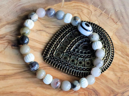 Natural Rhodonite Beaded bracelet, Round 8mm combined with Black and white glass bead and Round/Melon bone beads.