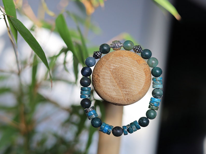 Matte Moss Agate Beads bracelets combined with Heishi spacer beads and  Tibetan Silver beads.  self-esteem, mood swings, and inner calm.