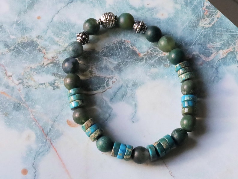 Matte Moss Agate Beads bracelets combined with Heishi spacer beads and  Tibetan Silver beads.  self-esteem, mood swings, and inner calm.