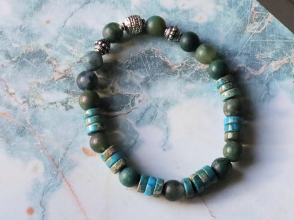 Matte Moss Agate Beads bracelets combined with Heishi spacer beads and  Tibetan Silver beads.  self-esteem, mood swings, and inner calm.