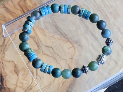 Matte Moss Agate Beads bracelets combined with Heishi spacer beads and  Tibetan Silver beads.  self-esteem, mood swings, and inner calm.