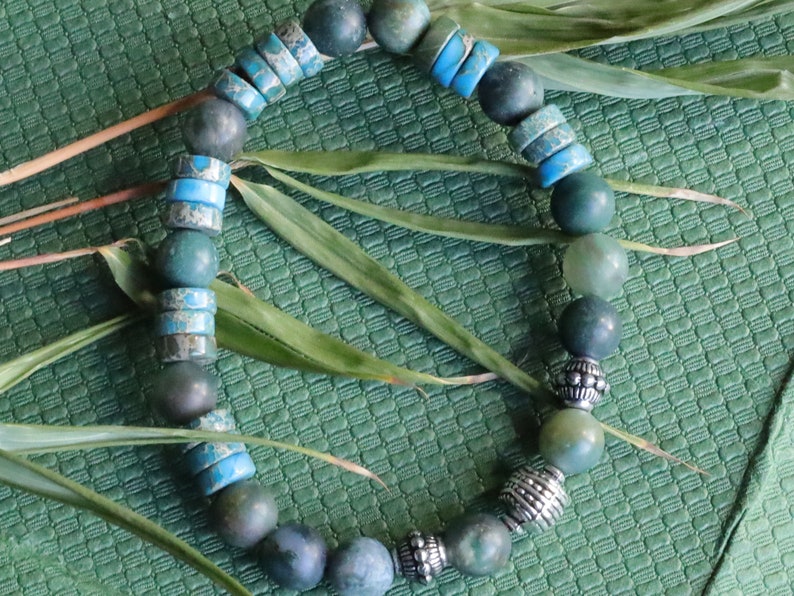 Matte Moss Agate Beads bracelets combined with Heishi spacer beads and  Tibetan Silver beads.  self-esteem, mood swings, and inner calm.