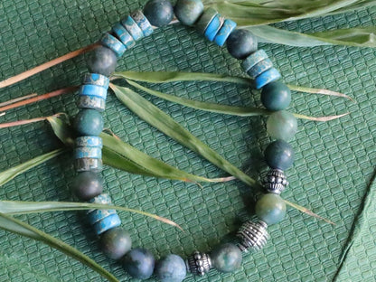 Matte Moss Agate Beads bracelets combined with Heishi spacer beads and  Tibetan Silver beads.  self-esteem, mood swings, and inner calm.