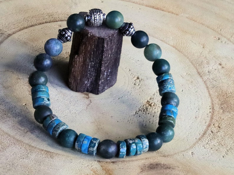 Matte Moss Agate Beads bracelets combined with Heishi spacer beads and  Tibetan Silver beads.  self-esteem, mood swings, and inner calm.