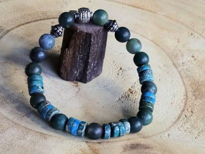 Matte Moss Agate Beads bracelets combined with Heishi spacer beads and  Tibetan Silver beads.  self-esteem, mood swings, and inner calm.