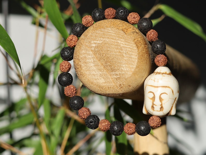 Beautiful large bead of real magnesite Buddha with Round Rudraksha beads and Lava stones. wonderful for calming the emotions