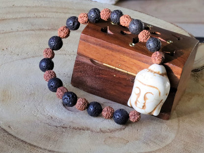 Beautiful large bead of real magnesite Buddha with Round Rudraksha beads and Lava stones. wonderful for calming the emotions