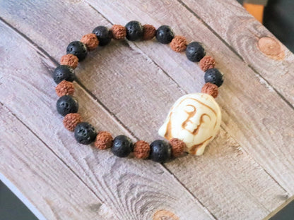 Beautiful large bead of real magnesite Buddha with Round Rudraksha beads and Lava stones. wonderful for calming the emotions