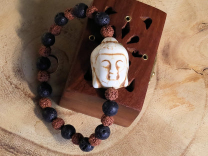 Beautiful large bead of real magnesite Buddha with Round Rudraksha beads and Lava stones. wonderful for calming the emotions