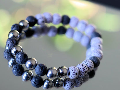 Starmoon Bodhi Barrel bracelet with Lava stones and Hematite crystal. represent rebirth and shedding unneeded layers of emotional attachment