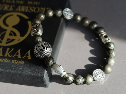 Mixed reli, Natural Pyrite Beads bracelet with beautiful Tibetan Style Alloy Human Face Beads and Jesus and Latin Cross.