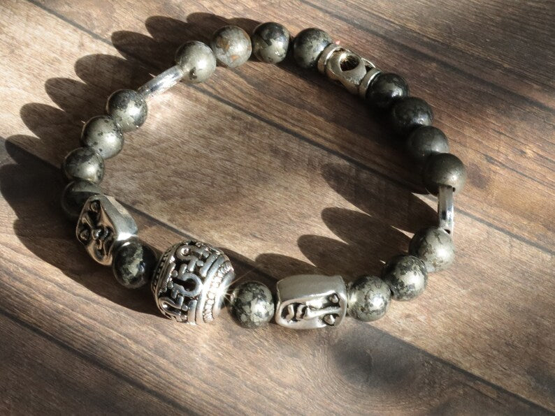 Mixed reli, Natural Pyrite Beads bracelet with beautiful Tibetan Style Alloy Human Face Beads and Jesus and Latin Cross.