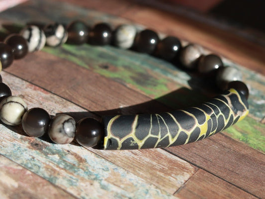Natural Ice Obsidian Beads with Black silk stone and beautiful large curved Fimo Clay bead. to promote self-control and inner tranquility