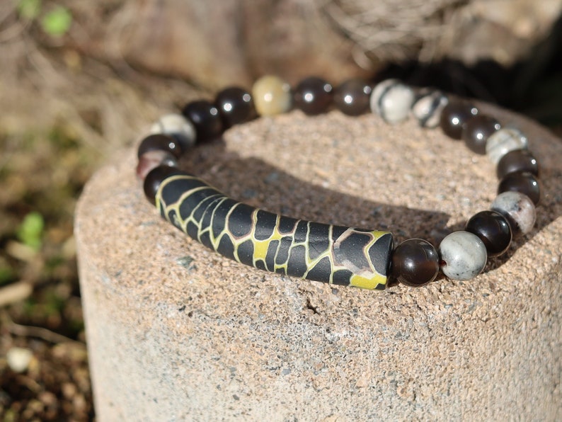 Natural Ice Obsidian Beads with Black silk stone and beautiful large curved Fimo Clay bead. to promote self-control and inner tranquility