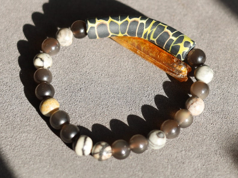 Natural Ice Obsidian Beads with Black silk stone and beautiful large curved Fimo Clay bead. to promote self-control and inner tranquility