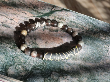 Natural Ice Obsidian Beads with Black silk stone and beautiful large curved Fimo Clay bead. to promote self-control and inner tranquility