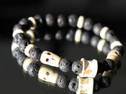 Handmade Tribal Fish-spine-bone bracelet with Lava, coconut and Great authentic & detailed hand-carved prayer beads, made of smoked Oxbone.