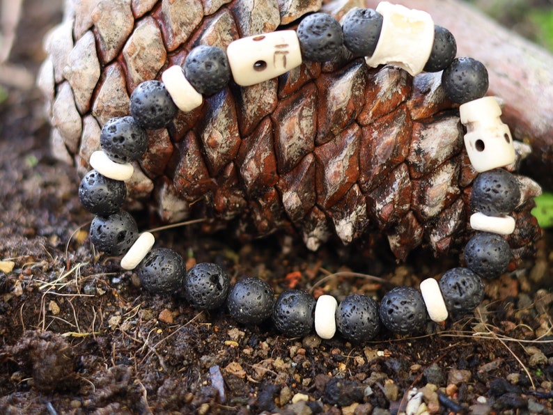 Handmade Tribal Fish-spine-bone bracelet with Lava, coconut and Great authentic & detailed hand-carved prayer beads, made of smoked Oxbone.