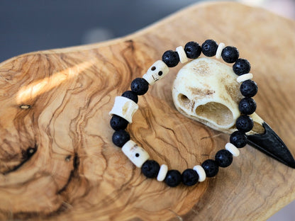 Handmade Tribal Fish-spine-bone bracelet with Lava, coconut and Great authentic & detailed hand-carved prayer beads, made of smoked Oxbone.