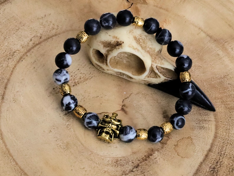 Bracelet Zebra Jaspers energy bracelet with Tibetan Style Alloy Bead, Dragon Head, Antique Golden and Tibetan Style Alloy Beads.