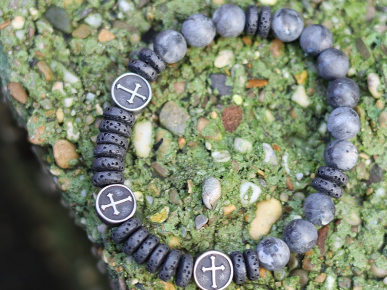 Natural Larvikite/Black Labradorite round beads and Heishi  Lava stones. Flat Round with Cross. providing strength and power