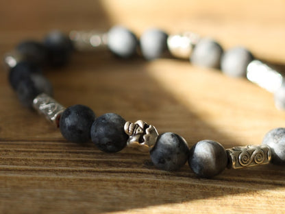 Natural Larvikite/Black Labradorite round beads and Silver Plated Skull Spacer Beads. rotect you in your day to day activities