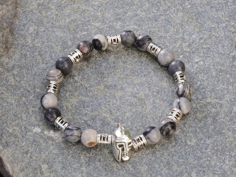 Black Silk Stone/Netstone Beads bracelet with warrior knight skull and 9x spacer bead Detailed decoration.