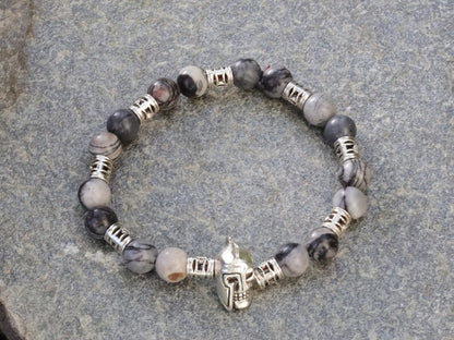 Black Silk Stone/Netstone Beads bracelet with warrior knight skull and 9x spacer bead Detailed decoration.