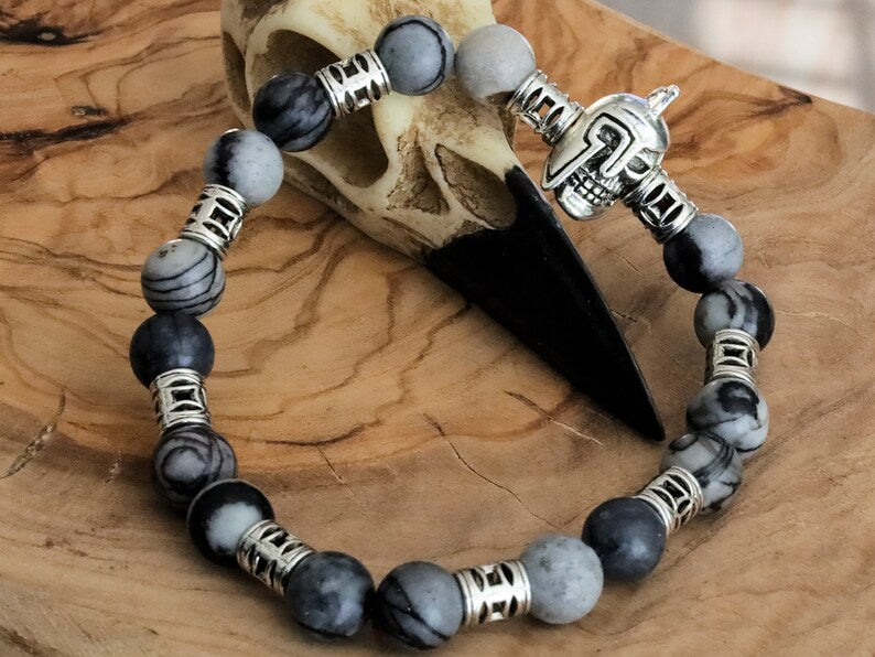 Black Silk Stone/Netstone Beads bracelet with warrior knight skull and 9x spacer bead Detailed decoration.
