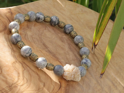 Round Natural Map Stone/Picasso Stone/Picasso Jasper Beads with Gypsum Desert Rose Genuine. Combined with Tibetan Style Alloy Beads