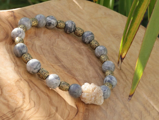 Round Natural Map Stone/Picasso Stone/Picasso Jasper Beads with Gypsum Desert Rose Genuine. Combined with Tibetan Style Alloy Beads