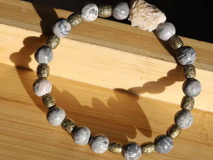 Round Natural Map Stone/Picasso Stone/Picasso Jasper Beads with Gypsum Desert Rose Genuine. Combined with Tibetan Style Alloy Beads