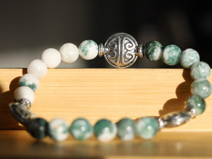 Intrinsic Natural Tree Agate bracelet with Tibetan Style Alloy Beads, Flat Round with Flower Pattern, Antique Silver.
