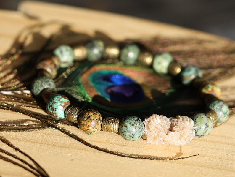 African Turquoise Beads with Gypsum Desert Rose Genuine. Combined with Tibetan Style Alloy Beads, Antique Golden Color