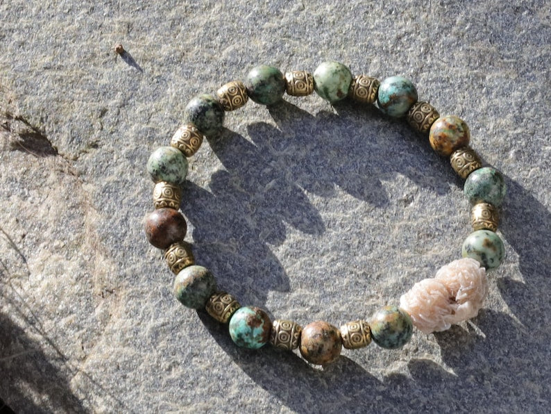 African Turquoise Beads with Gypsum Desert Rose Genuine. Combined with Tibetan Style Alloy Beads, Antique Golden Color