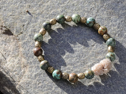 African Turquoise Beads with Gypsum Desert Rose Genuine. Combined with Tibetan Style Alloy Beads, Antique Golden Color