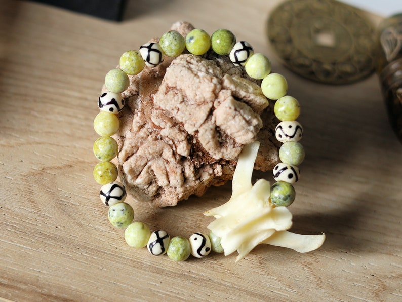 Rare Real Fox Vertebra combined with Natural Yellow Turquoise Jasper Beads. And Wavy Line & Dots Bone Beads.