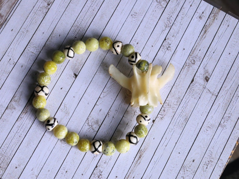 Rare Real Fox Vertebra combined with Natural Yellow Turquoise Jasper Beads. And Wavy Line & Dots Bone Beads.