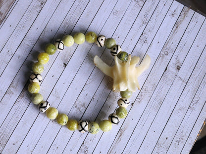 Rare Real Fox Vertebra combined with Natural Yellow Turquoise Jasper Beads. And Wavy Line & Dots Bone Beads.