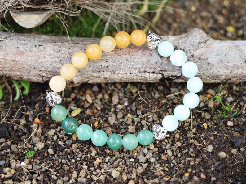 Tri Magnificent Bracelet with Aventurine,  Candy Jade and Aquamarine beads. Combined with Bead panther Silver