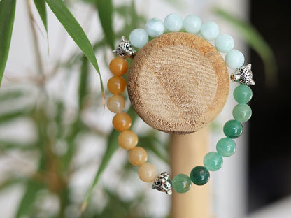 Tri Magnificent Bracelet with Aventurine,  Candy Jade and Aquamarine beads. Combined with Bead panther Silver