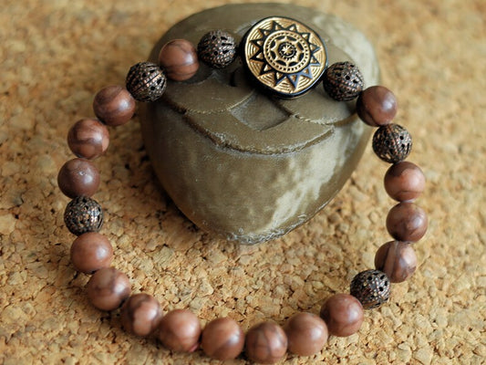 Tribal Totem Sun with  Zebra Jaspers beads and  Filigree in Bronze (dark Antique Copper) tone beads. to stimulate...