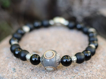 Black Agate Shiny and matte combined with Handmade Indonesia Bead and Tibetan Style Beads.  help you calm down